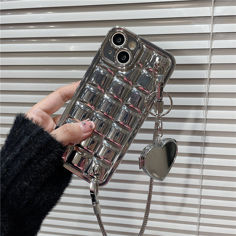 Electroplating Phone Case for iPhone 14 Plus Plaid Design TPU Cover with Heart Shaped Mirror and Chain Electroplating Phone Case for iPhone 14 Plus Plaid Design TPU Cover with Heart Shaped Mirror and Chain